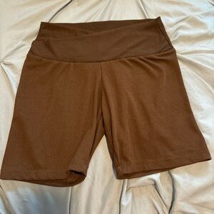 Brown ribbed wrap front biker shorts
